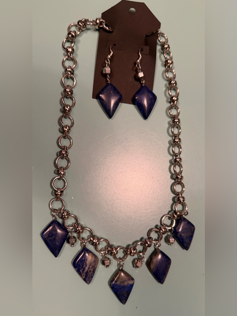 Silver-Tone & Real Sodalite Necklace and Earring Set- with Silver Beaded Accents